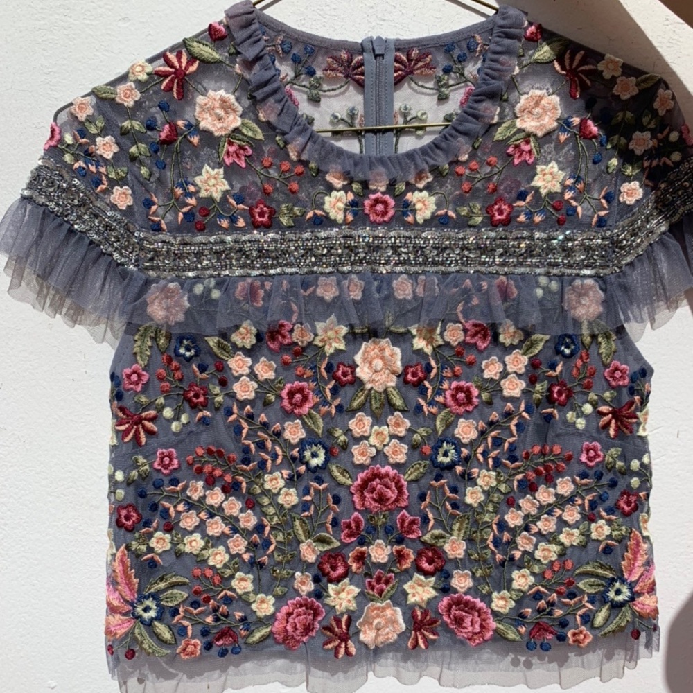 Needle & Thread blue embellished tulle crop top.